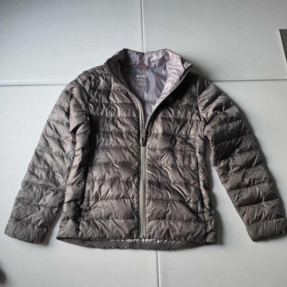 REI Co-op Jacket Kids Medium 10-12 Gray Down Quilted Puffer Hiking Warm Winter